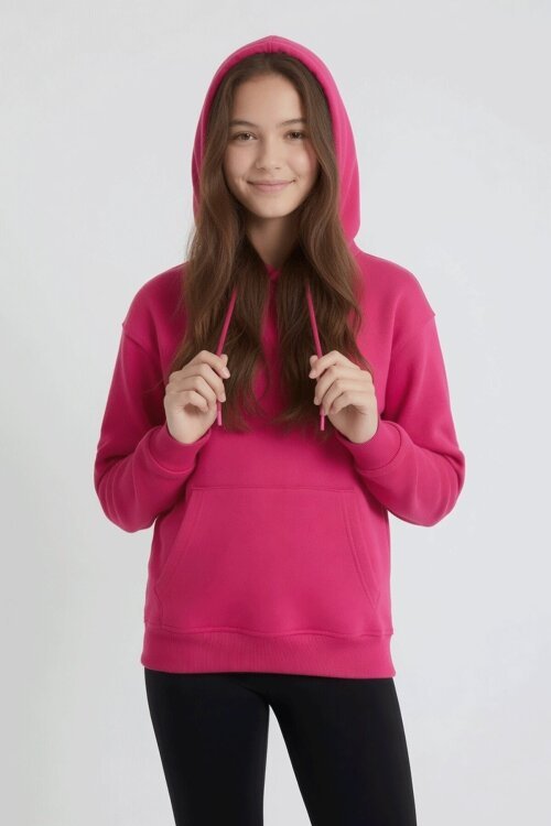 Fuşya Kız Çocuk Kanguru Cepli Şardonlu Kapüşonlu Sweatshirt 24691