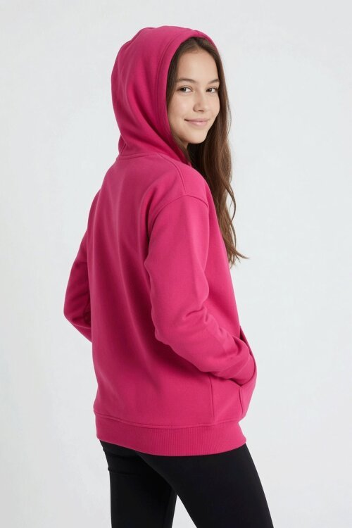 Fuşya Kız Çocuk Kanguru Cepli Şardonlu Kapüşonlu Sweatshirt 24691