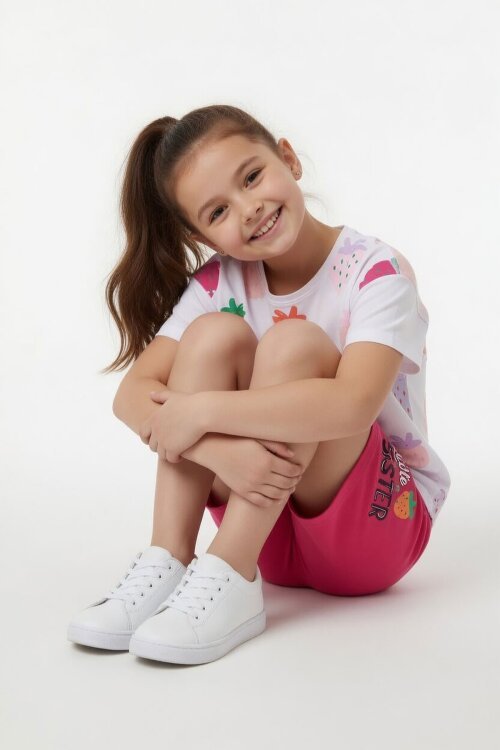 Fuşya Meyve Desenli Tişörtlü Kız Çocuk Şortlu Yazlık Takım 23850