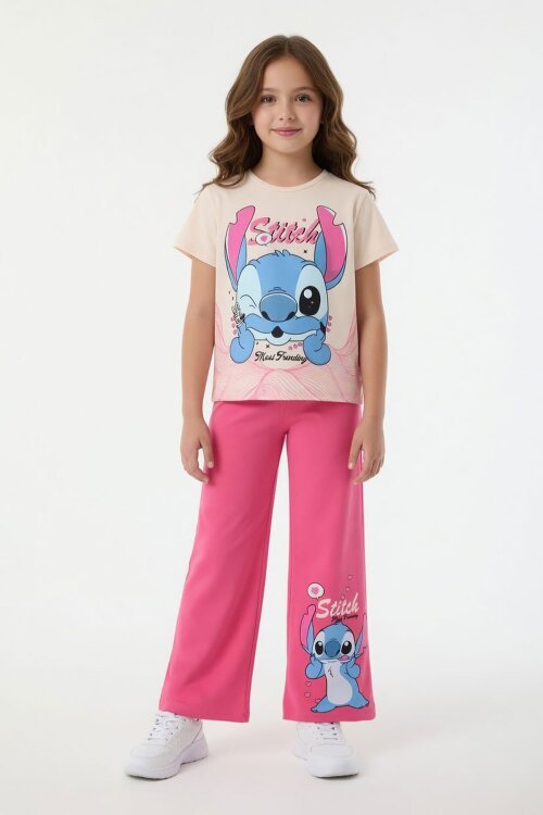 Fuşya Sevimli Çizgi Karakter Baskılı Tişörtlü Kız Çocuk Geniş Paça  Takım 23860