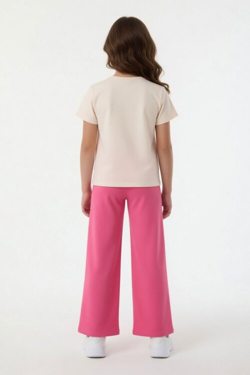 Fuşya Sevimli Çizgi Karakter Baskılı Tişörtlü Kız Çocuk Geniş Paça  Takım 23860