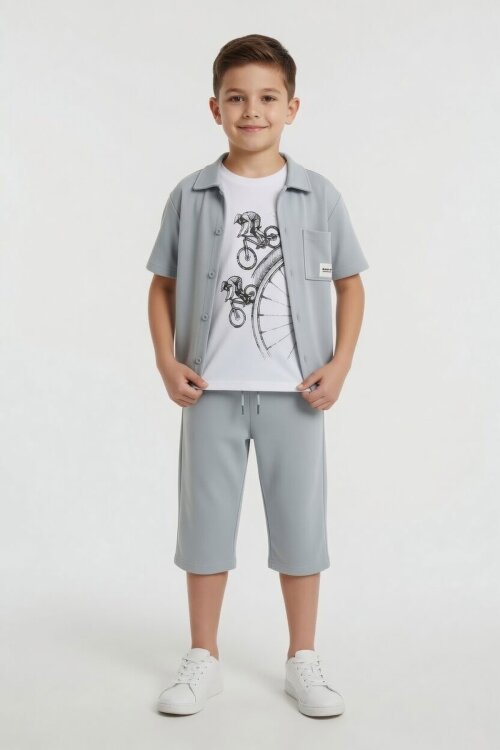 Gri Armalı Kısa Kol Gömlekli Şortlu Erkek Çocuk 3lü Alt Üst Takım 24591