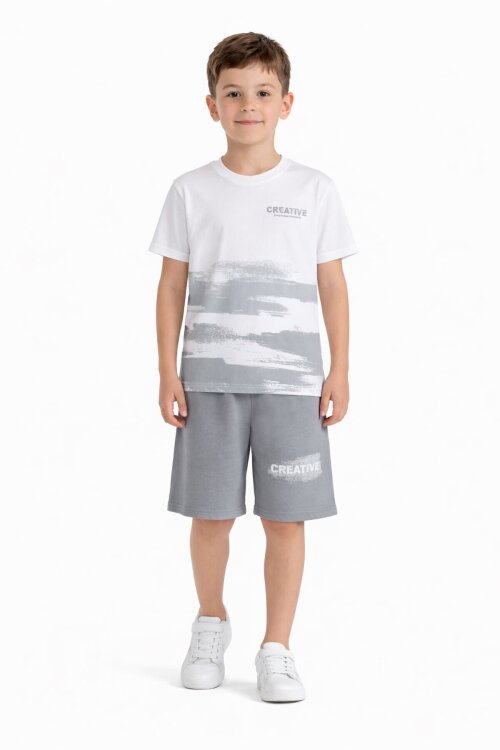 Gri Creative Yazılı Desenli Tişörtlü Erkek Çocuk Şortlu Takım 23792