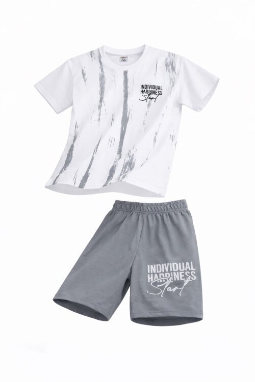 Gri Desenli Tişörtlü Erkek Çocuk Yazı Baskılı Şortlu Takım 23787