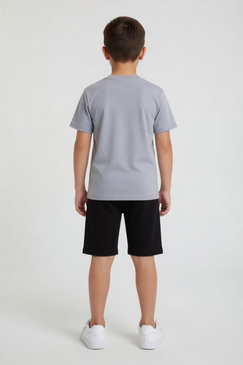 Gri Dinozor Desenli Bisiklet Yaka Erkek Çocuk 2li Şortlu Takım 23925