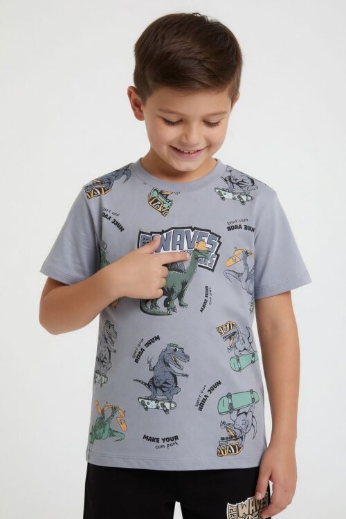 Gri Dinozor Desenli Bisiklet Yaka Erkek Çocuk 2li Şortlu Takım 23925