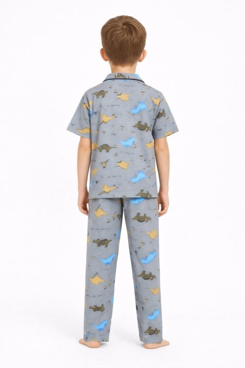 Gri Dinozor Desenli Düğmeli Erkek Çocuk Kısa Kol Pijama Takımı 23822