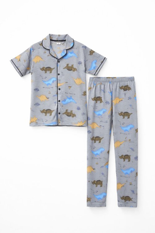 Gri Dinozor Desenli Düğmeli Erkek Çocuk Kısa Kol Pijama Takımı 23822