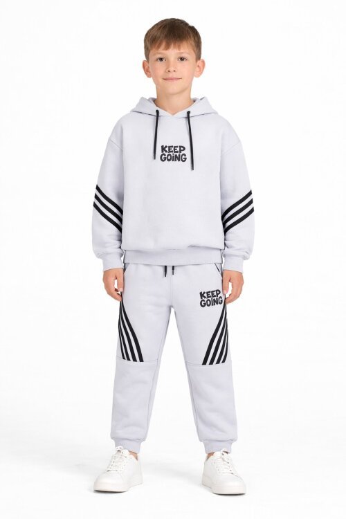 Gri Erkek Çocuk Keep Going Yazılı Şeritli Erkek Çocuk Kapüşonlu Eşofman Takımı 23418