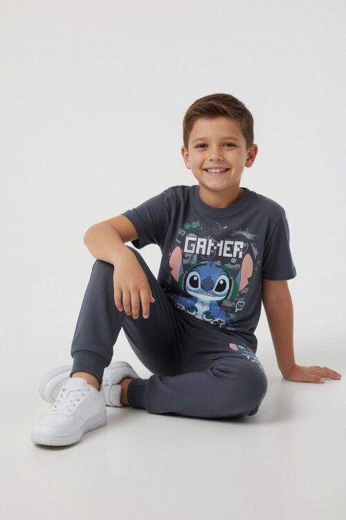 Gri Gamer Karakter Baskılı Tişörtlü Erkek Çocuk Eşofman Takımı  23876