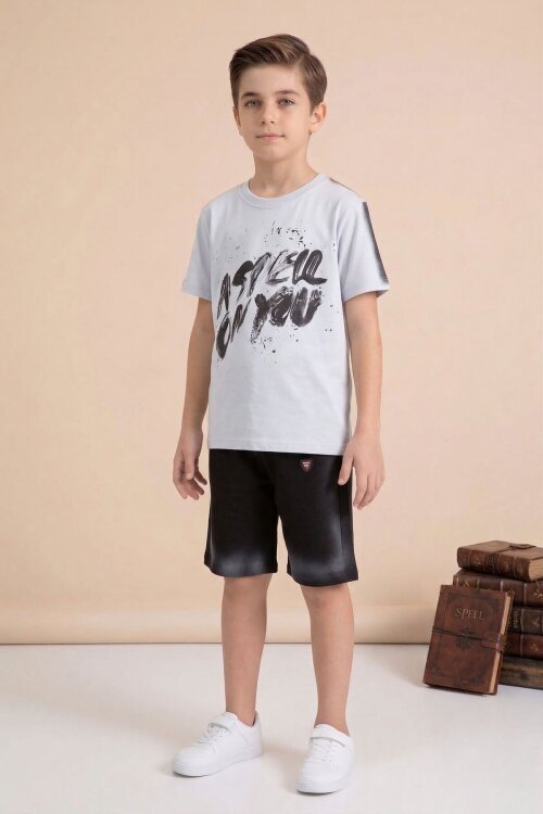 Gri Grafiti Baskılı Tişörtlü Şortlu Erkek Çocuk 2li Takım  23774