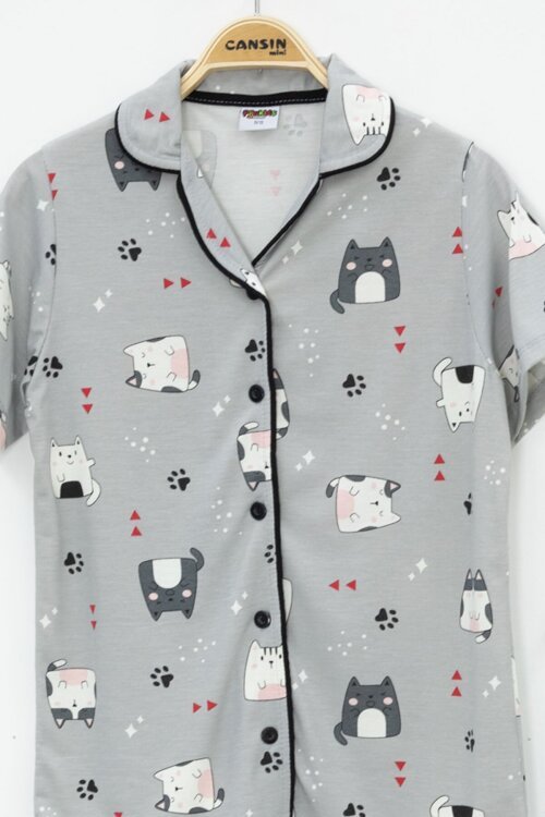 Gri Kedi Desenli Düğmeli Kısa Kol Kız Çocuk Göz Bantlı Pijama Takımı  23818