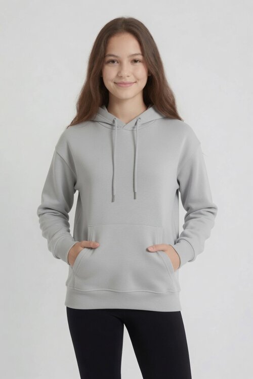 Gri Kız Çocuk Kanguru Cepli Şardonlu Kapüşonlu Sweatshirt 24692