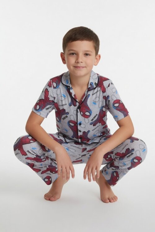 Gri Örümcek Adam Baskılı Erkek Çocuk Düğmeli Pijama Takımı 24010