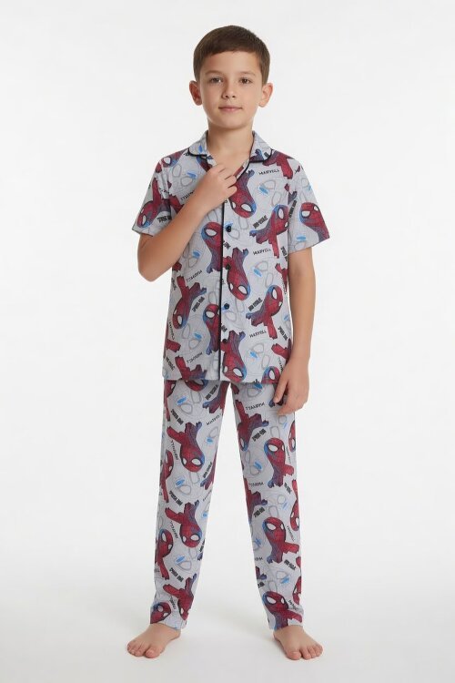 Gri Örümcek Adam Baskılı Erkek Çocuk Düğmeli Pijama Takımı 24010