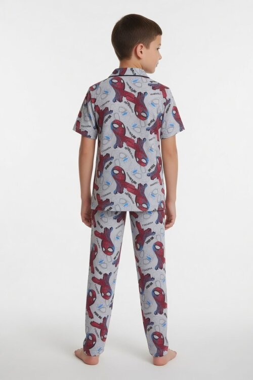 Gri Örümcek Adam Baskılı Erkek Çocuk Düğmeli Pijama Takımı 24010