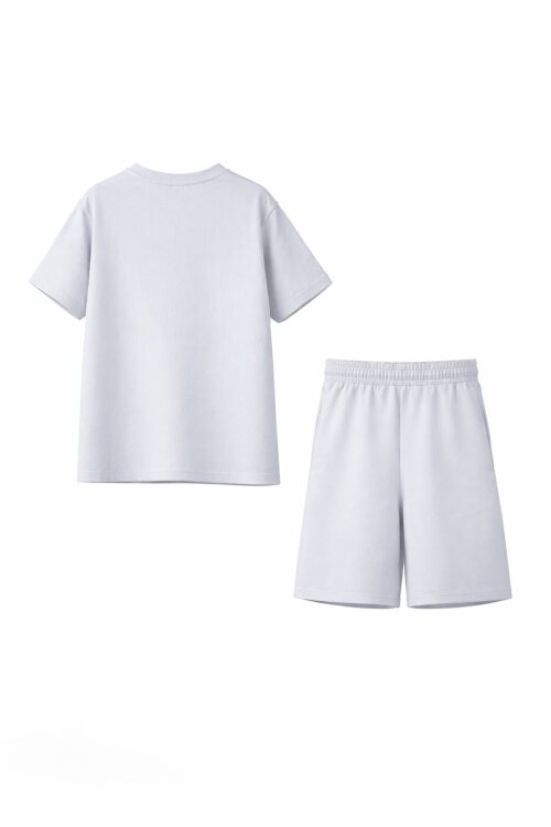 Gri Şerit Desenli Logolu Tişörtlü Erkek Çocuk Şortlu Takım 23781