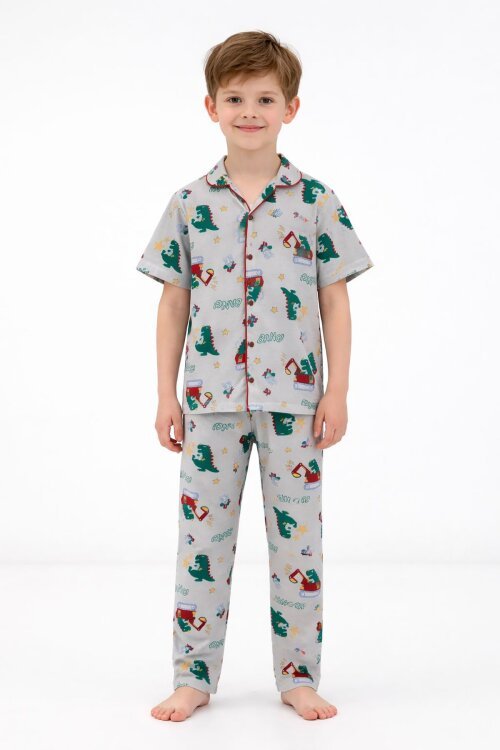 Gri Trex Desenli Düğmeli Erkek Çocuk Kısa Kol Pijama Takımı 23824