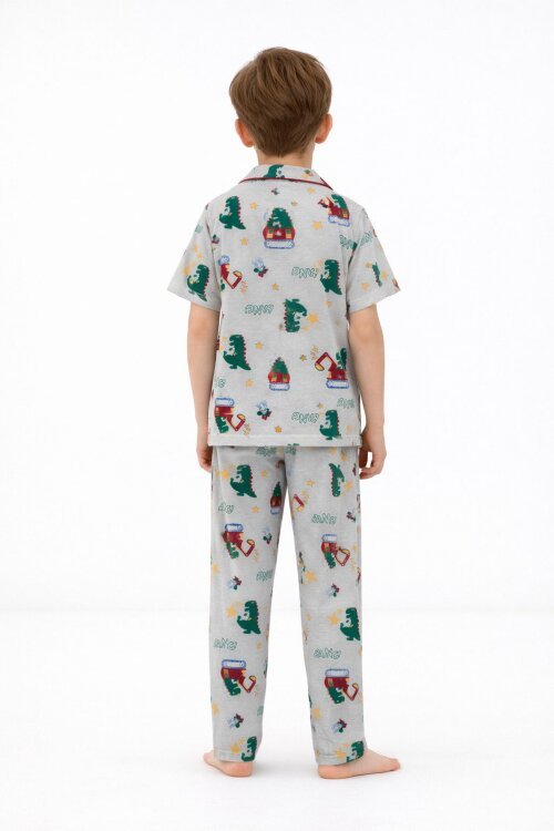Gri Trex Desenli Düğmeli Erkek Çocuk Kısa Kol Pijama Takımı 23824