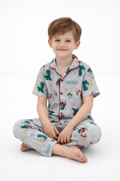 Gri Trex Desenli Düğmeli Erkek Çocuk Kısa Kol Pijama Takımı 23824