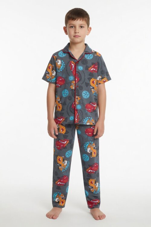 Gri Yarış Arabası Desenli Erkek Çocuk Pijama Takımı 24009