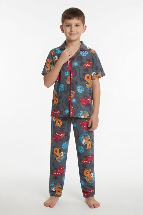 Gri Yarış Arabası Desenli Erkek Çocuk Pijama Takımı 24009