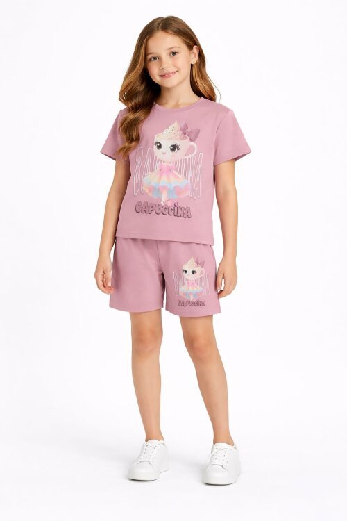 Gül Kurusu Balerin Desenli Tişörtlü Kız Çocuk Şortlu 2li Takım 23880