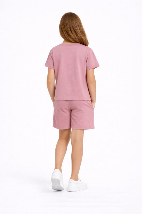 Gül Kurusu Balerin Desenli Tişörtlü Kız Çocuk Şortlu 2li Takım 23880