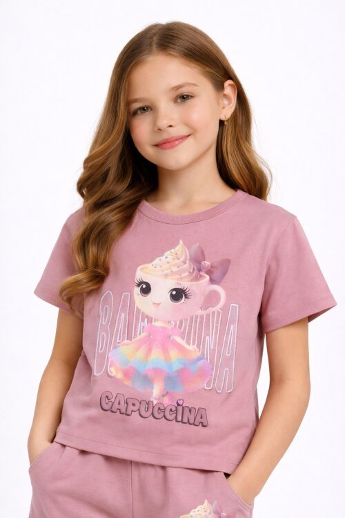 Gül Kurusu Balerin Desenli Tişörtlü Kız Çocuk Şortlu 2li Takım 23880