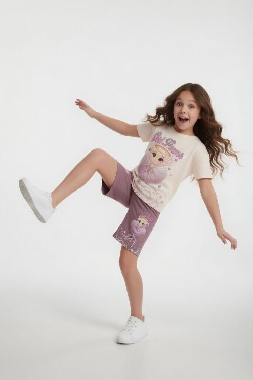 Gül Kurusu Balerin Desenli Tişörtlü Kız Çocuk Şortlu 2li Takım 23880