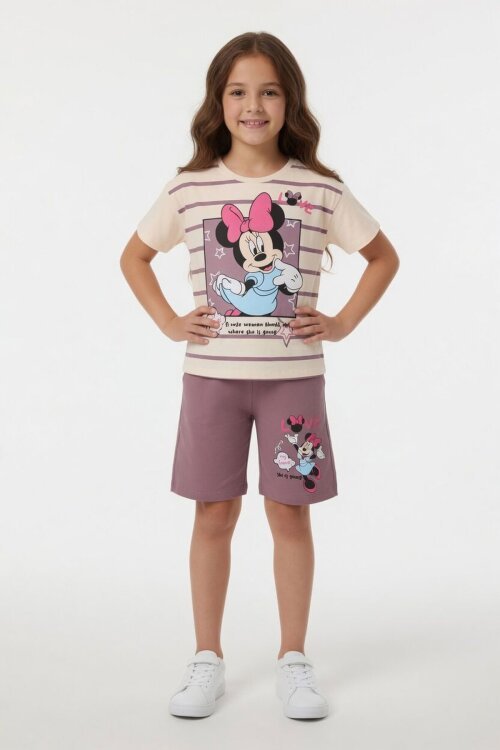 Gül Kurusu Çizgi Desenli Karakter Baskılı Kız Çocuk Tişörtlü Şortlu Takım 23870