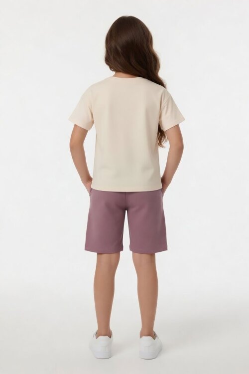 Gül Kurusu Çizgi Desenli Karakter Baskılı Kız Çocuk Tişörtlü Şortlu Takım 23870