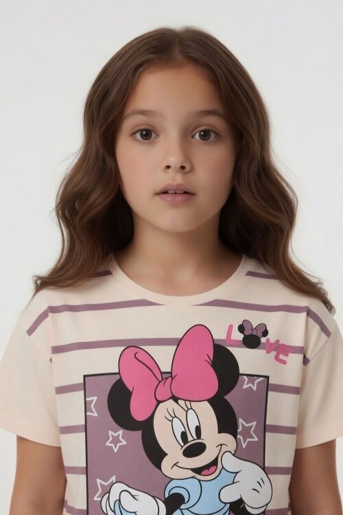 Gül Kurusu Çizgi Desenli Karakter Baskılı Kız Çocuk Tişörtlü Şortlu Takım 23870