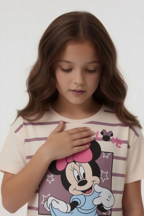 Gül Kurusu Çizgi Desenli Karakter Baskılı Kız Çocuk Tişörtlü Şortlu Takım 23870