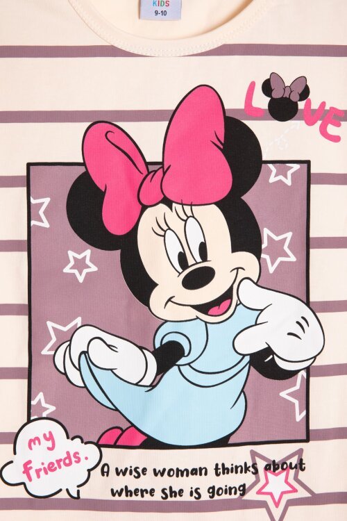 Gül Kurusu Çizgi Desenli Karakter Baskılı Kız Çocuk Tişörtlü Şortlu Takım 23870