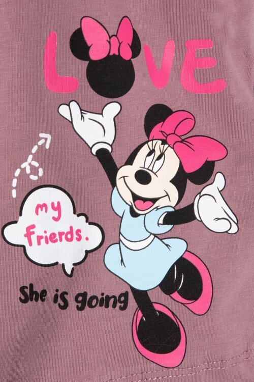 Gül Kurusu Çizgi Desenli Karakter Baskılı Kız Çocuk Tişörtlü Şortlu Takım 23870