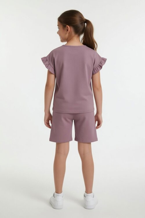 Gül Kurusu Çizgili Karakter Baskılı Fırfırlı Kız Çocuk Şortlu 2li Takım  23957