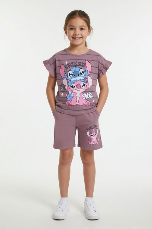 Gül Kurusu Çizgili Karakter Baskılı Fırfırlı Kız Çocuk Şortlu 2li Takım  23957