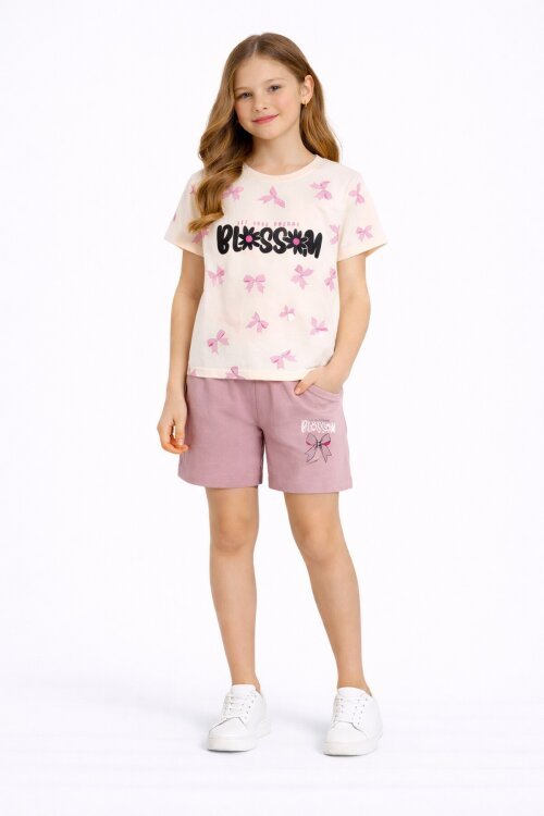 Gül Kurusu Fiyonk Desenli Bisiklet Yaka Tişörtlü Kız Çocuk Şortlu Takım 23884