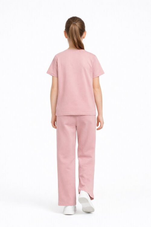 Gül Kurusu Kalpli Karakter Baskılı Geniş Paça Pantolonlu Kız Çocuk 2li Takım 23809