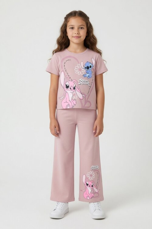 Gül Kurusu Kalpli Karakter Baskılı Geniş Paça Pantolonlu Kız Çocuk 2li Takım 23809