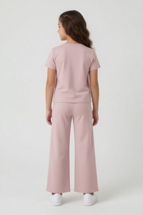 Gül Kurusu Kalpli Karakter Baskılı Geniş Paça Pantolonlu Kız Çocuk 2li Takım 23809