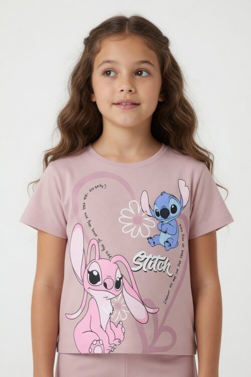 Gül Kurusu Kalpli Karakter Baskılı Geniş Paça Pantolonlu Kız Çocuk 2li Takım 23809