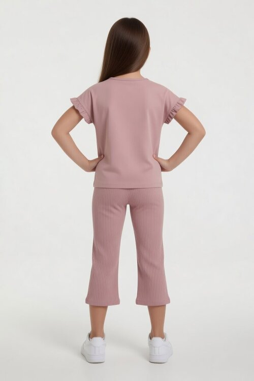 Gül Kurusu Karakter Baskılı Fitilli Bermuda Pantolonlu Kız Çocuk Tişörtlü Takım  23807