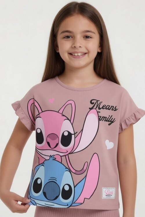 Gül Kurusu Karakter Baskılı Fitilli Bermuda Pantolonlu Kız Çocuk Tişörtlü Takım  23807