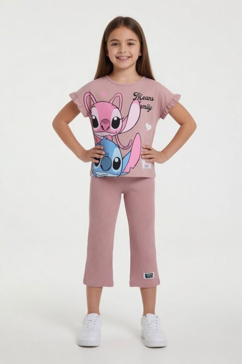 Gül Kurusu Karakter Baskılı Fitilli Bermuda Pantolonlu Kız Çocuk Tişörtlü Takım  23807