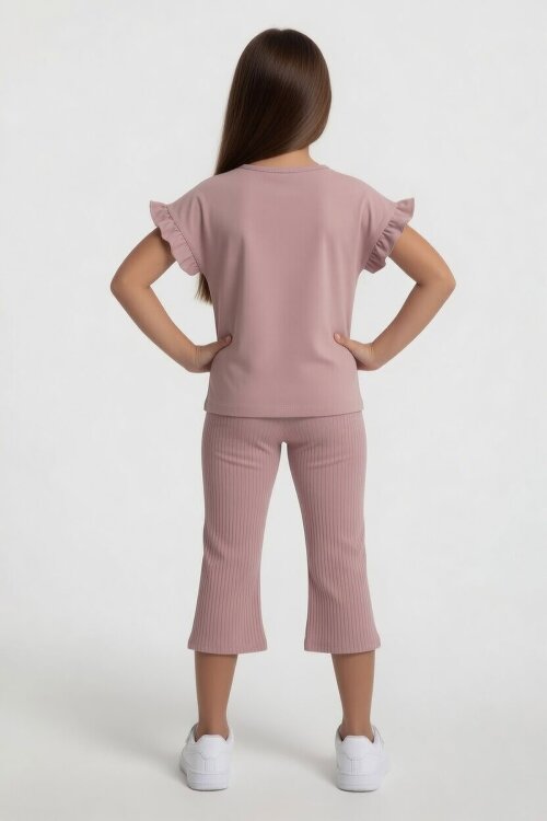 Gül Kurusu Karakter Baskılı Tişörtlü Fitilli Pantolonlu Kız Çocuk 2li Takım 23831