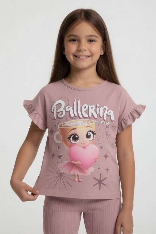 Gül Kurusu Karakter Baskılı Tişörtlü Fitilli Pantolonlu Kız Çocuk 2li Takım 23831