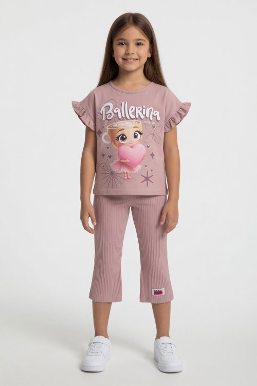 Gül Kurusu Karakter Baskılı Tişörtlü Fitilli Pantolonlu Kız Çocuk 2li Takım 23831