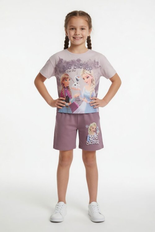 Gül Kurusu Karlar Kraliçesi Baskılı Kız Çocuk Tişörtlü Şortlu Takım  23952